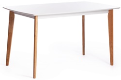 Нераскладной обеденный стол из массива гевеи и МДФ, столешница белого цвета, ножки натурального