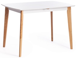 Раскладной обеденный стол из массива гевеи и МДФ, столешница белого цвета, ножки натурального
