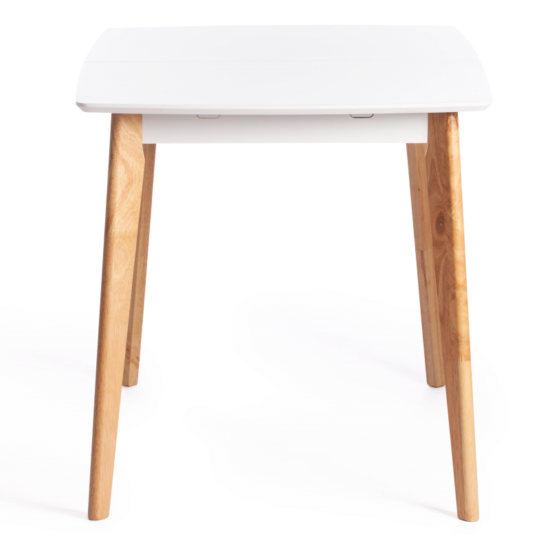 Раскладной обеденный стол из массива гевеи и МДФ, столешница белого цвета, ножки натурального