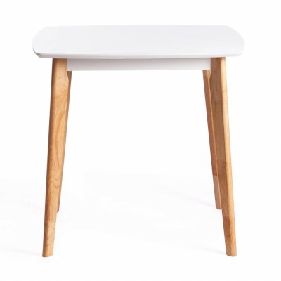 Нераскладной обеденный квадратный стол из массива гевеи и МДФ, столешница белого цвета, ножки натурального