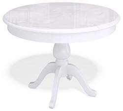 Круглый раздвижной стол из стекла и дерева. Цвет белый/стекло камень бежевый.