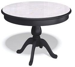 Круглый раздвижной стол из стекла и дерева. Цвет черный/стекло камень бежевый.