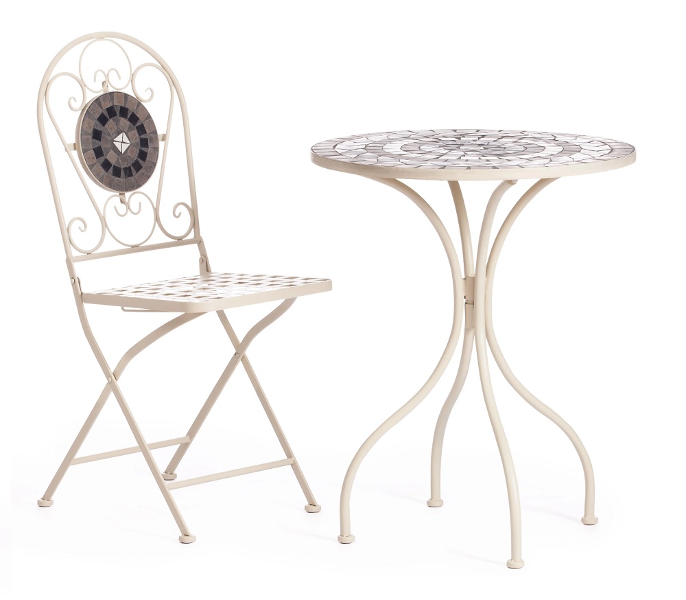 Стол с мозаичной плиткой на металлическом каркасе в комплекте со стулом. 