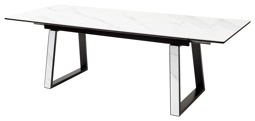 Керамический стол на металлических опорах. Цвет матовая керамика в цвете белый мрамор.