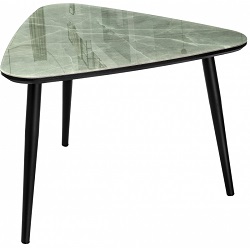 Журнальный столик треугольный из стекла и металла со столешницей в оттенке серого мрамора.