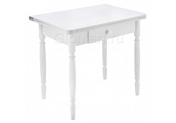 Раскладной обеденный стол прямоугольный с выдвижным ящиком из массива дерева и ЛДСП. Цвет белый глянец.