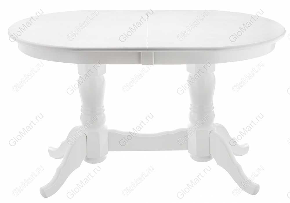 Раскладной стол овальной формы из массива дерева. Цвет белый. Вид спереди.