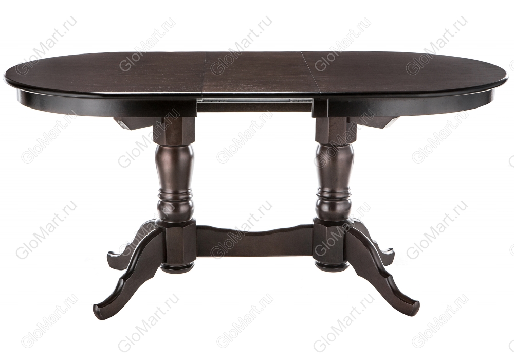 Раскладной стол овальной формы из массива дерева в разложенном виде. Цвет шоколад.