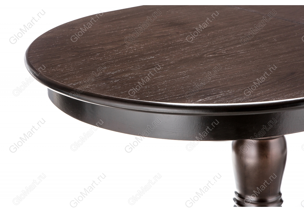 Укрупненный фрагмент столешницы раскладного стола овальной формы из массива дерева. Цвет шоколад.