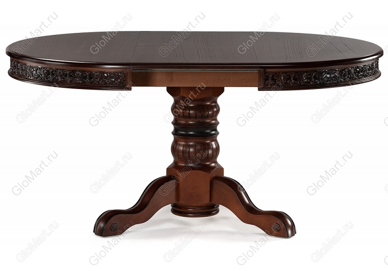 Стол в разложенном виде, цвет орех(коричневая патина), опора и ножки из массива бука, столешница из шпонированного МДФ.