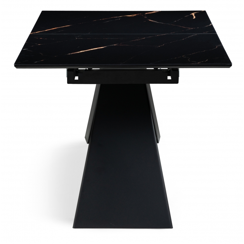 Прямоугольный раскладной стол со стеклянной столешницей. Цвет черный обсидиан. Вид сбоку. 