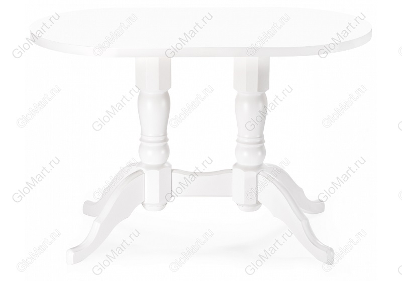 Стол обеденный овальной формы нераскладной из массива дерева и ЛДСП. Цвет: белый глянец. Вид спереди.