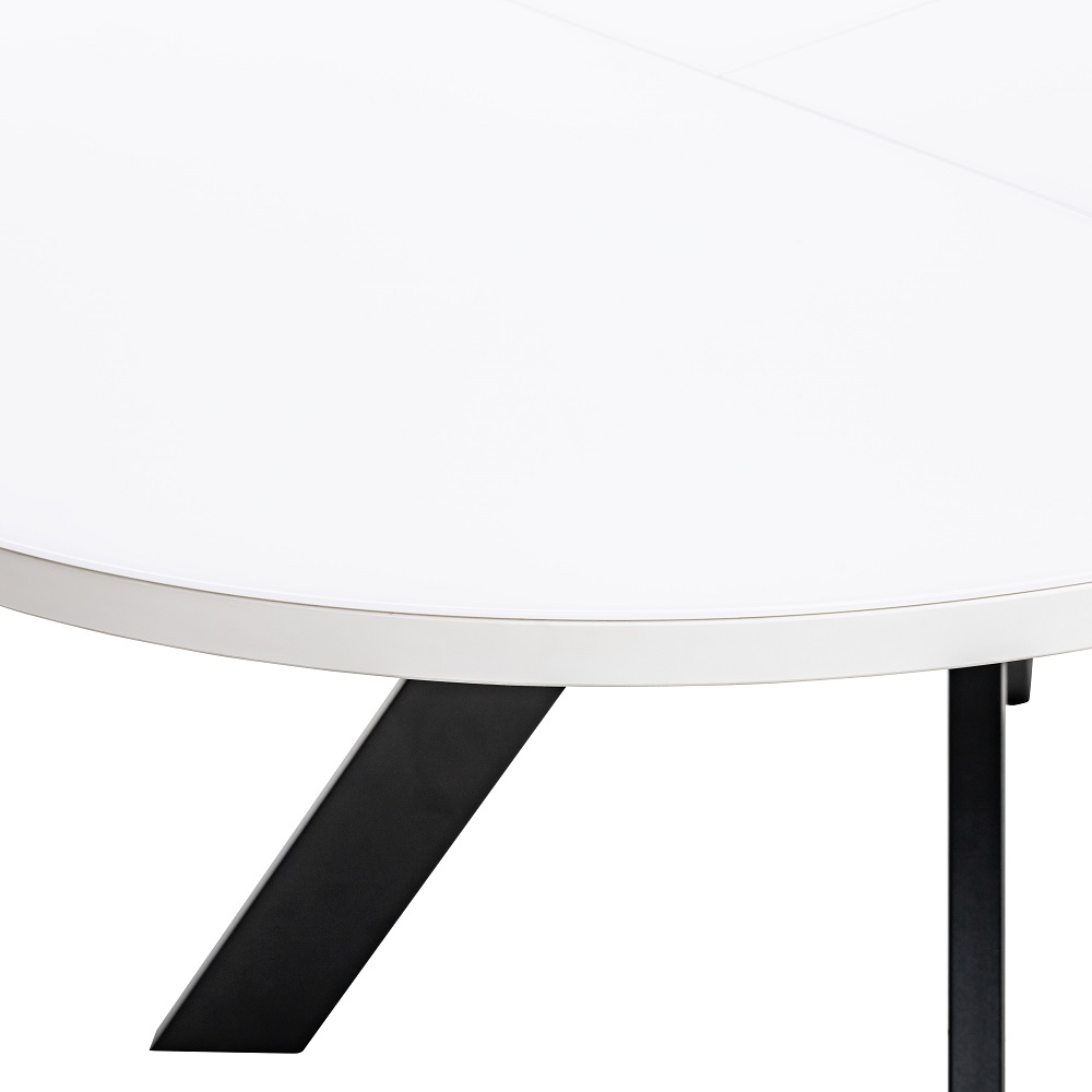 Круглый раскладной стол из стекла и ЛДСП, на металлокаркасе. Цвет белый.