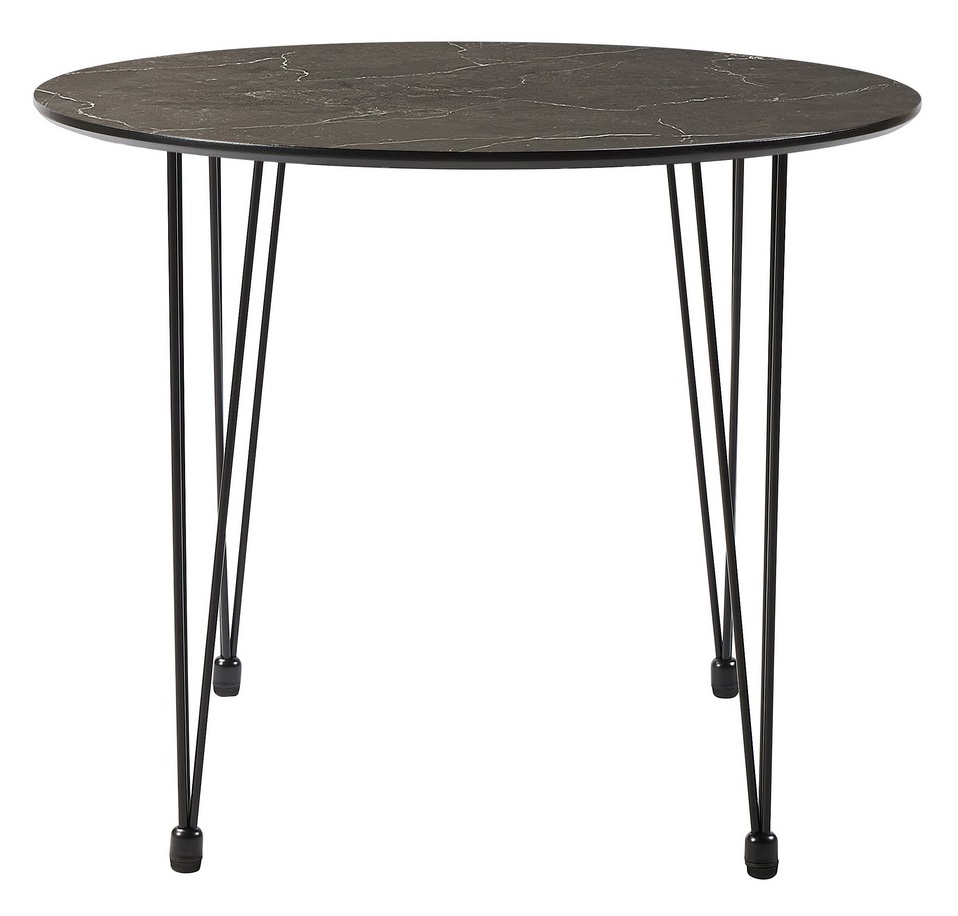 Круглый стол из МДФ с ножками-прутьями. Цвет серый мрамор.
