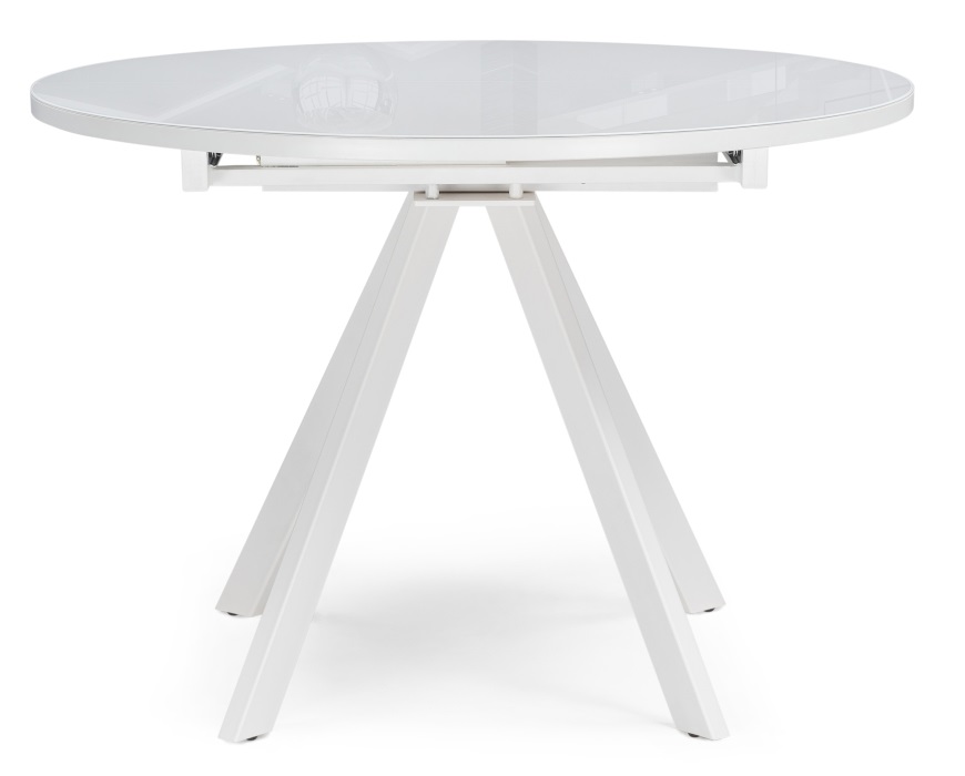 Раздвижной стеклянный стол на металлической основе. Цвет белый.