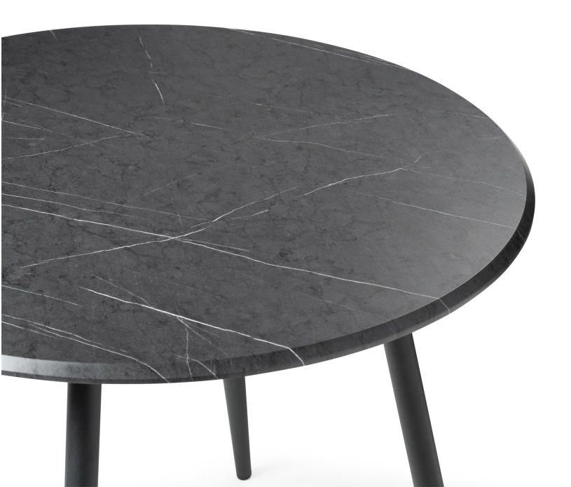 Круглый стол из МДФ на металлических ножках. Цвет черный мрамор/черный.