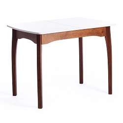 Обеденный раскладной стол со столешницей из МДФ белого цвета и слегка изогнутыми ножками из массива бука коричневого цвета.