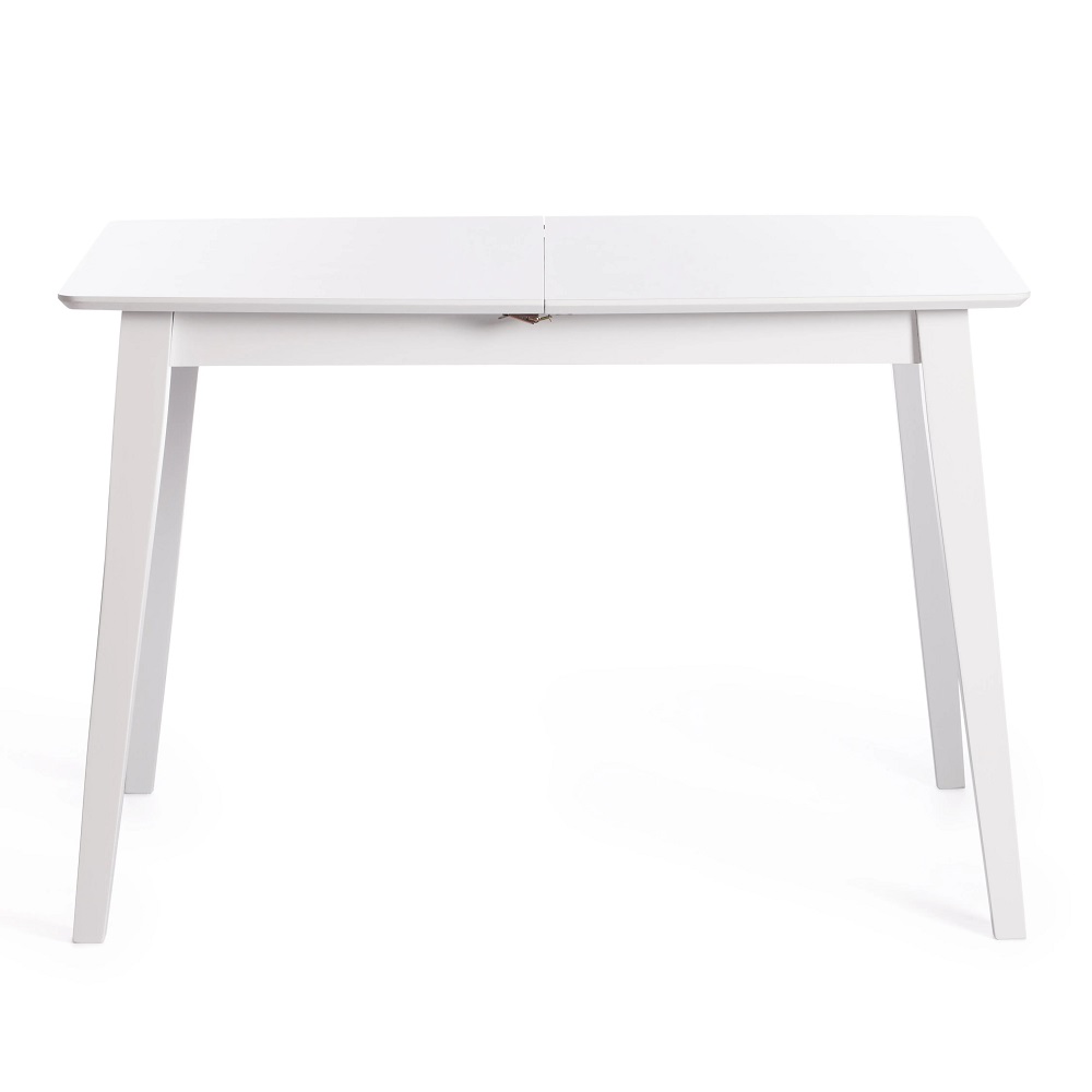 Раскладной обеденный стол из МДФ и массива гевеи в скандинавском стиле. Цвет белый. Вид спереди.