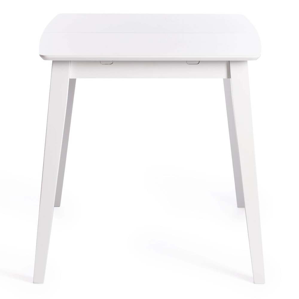 Раскладной обеденный стол из МДФ и массива гевеи в скандинавском стиле. Цвет белый. Вид сбоку.