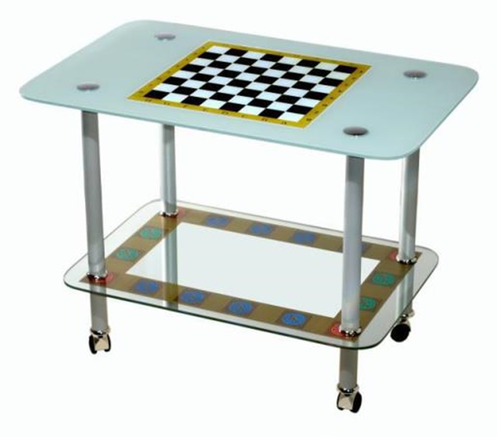 Журнальный столик шахматный из стекла и металла, полка зеркальная