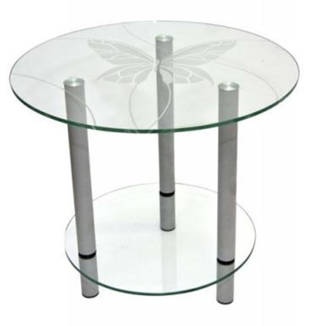 Круглый столик с полочкой из стекла и металла в современном стиле