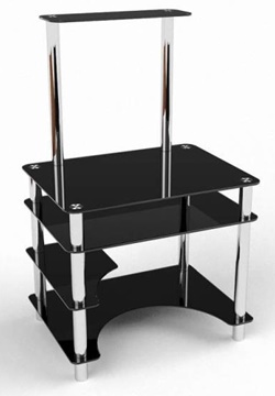 Компьютерный стол с полками в черном цвета, опоры хромированный металл
