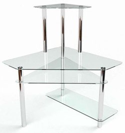 Компьютерный стол в современном стиле, столешница и полки из прозрачного закаленного стекла, опоры металл