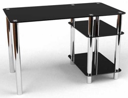 Письменный стол в черном цвете, изготовлен из стекла и металла