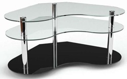 ТВ тумба треугольной формы, из стекла и металла с полочками в современном стиле
