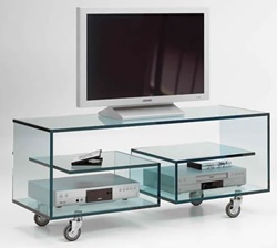 ТВ тумба из стекла и металла с полочками в современном стиле