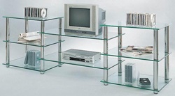 ТВ тумба из стекла и металла с полочками в современном стиле