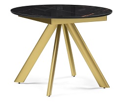 Раздвижной стол со стеклом на металлической опоре. Цвет: обсидиан / черный / золото.