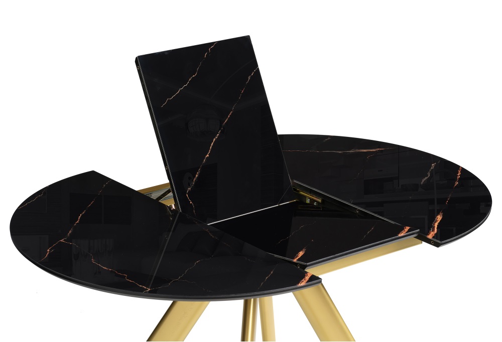 Раздвижной стол со стеклом на металлической опоре. Цвет: обсидиан / черный / золото.