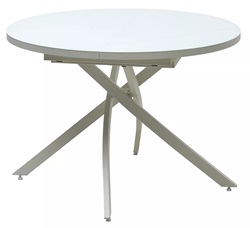 Круглый раскладной стол из ЛДСП и стекла на металлокаркасе. Цвет белый.