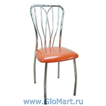 Металлический стул, ножки из хрома, сиденье мягкое, оранжевого цвета.
