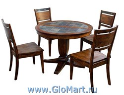 Круглый стол раздвижной + четыре стула. 
Цвет: cостаренная Вишня + керамогранит. 
Размер стола: Диаметр 106 см. Вставка 39 см. Высота 75 см.  
Производитель: Малайзия  
