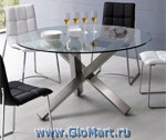 Круглый обеденный стол. Столешница: Прозрачное стекло. Цвет корпуса: сталь. Размер: диаметр 135 см, высота 75 см.