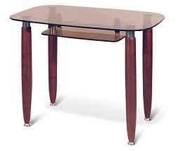 Стеклянный прямоугольный стол с подстольем. Опоры из массива берёзы выполнены в цвете вишни.