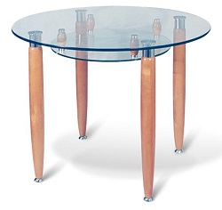 Круглый обеденный стол. Столешница - стекло. Опоры - дерево.