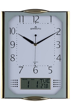Настенные прямоугольные часы с указанием даты и температуры.