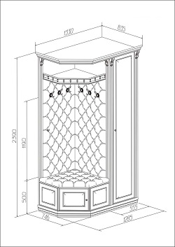 Угловая прихожая в комплекте: вешалка, шкаф, тумбочка. Схема с размерами.