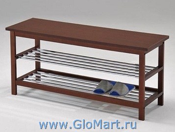 Скамейка-банкетка с полками для обуви. Материал: массив гевеи, МДФ, металл. Цвет дерева - Темный орех. Размеры: Высота 50 см. Длина 108 см. Ширина 34 см.