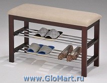 Скамейка с мягким сиденьем и подставкой для обуви из массива гевеи. Цвет - Темный орех.
