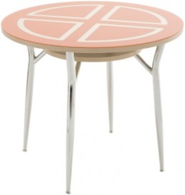 Стол из стекла круглый. Цвет столешницы оранжевый. Размер: D90 см. Ножки металлические хромированные.