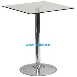 Барный столик квадратной формы на одной металлической стойке.