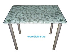 Прямоугольный столик из стекла и металла. Столешница - калёное стекло с рисунком.
