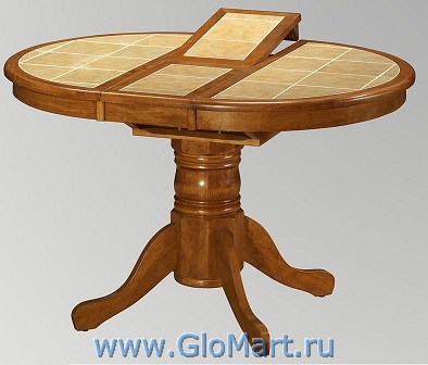 Круглый раскладной стол из дерева с керамической плиткой. Цвет: Дуб.