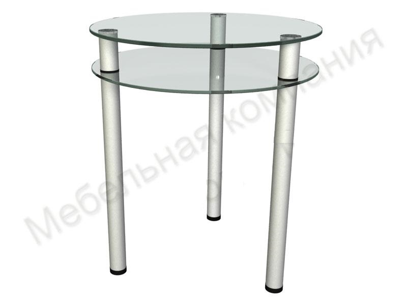 Небольшой стеклянный круглый стол. 3 прямые металлические ножки, покрытие хром.