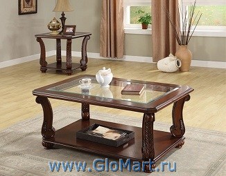 журнальный столик из стекла и дерева, цвет вишня 
